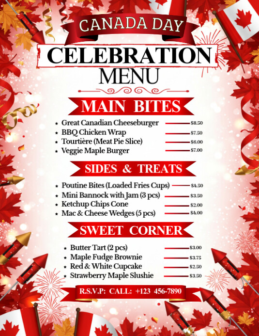 Canadian English Menu. Example Canada Day Celebration Food Menu Template | PosterMyWall