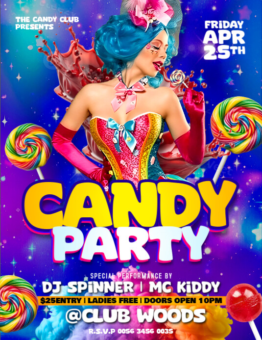 Candy bar candyland sweets lollipops themed birthday party invitation event flyer template facebook 传单(美国信函)
