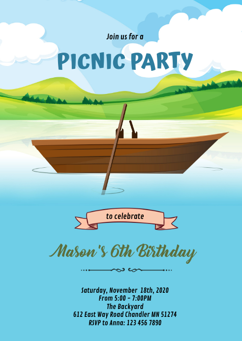 Kayaking Invitation Azul Picnic Birthday Party A6 Modelo | PosterMyWall