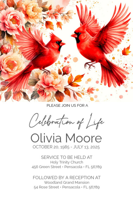 Cardinal Birds Funeral Celebrating The Life Invitation 4 x 6 Banier 4’×6’ template