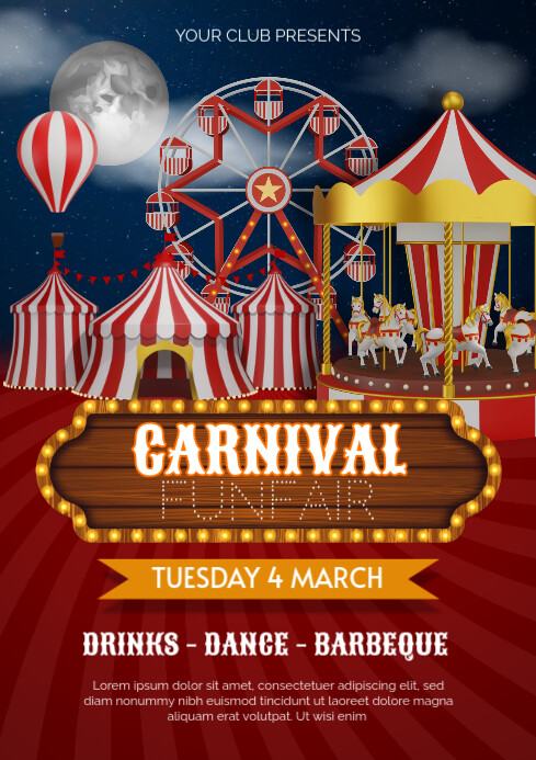 Copy of carnival funfair flyer with 3d carousel, circus and ferris ...