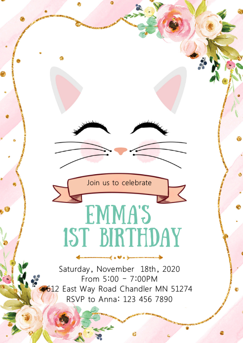 Template cat birthday invitation 1st a6 8cm 5cm Cat 1st birthday party invitation Template | PosterMyWall