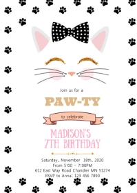 Cat birthday party invitation A6 template