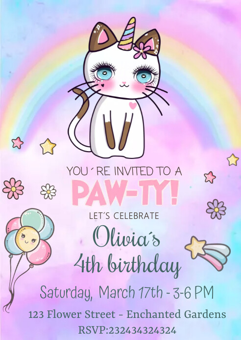 Cat Themed Birthday Party Invitations