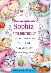 cats  Birthday invitation A6 template