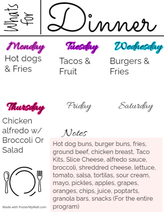 Weekly Dinner Menu | PosterMyWall