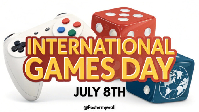 Celebrate international games day with dice and a video game controller Voorlegging (16:9) template