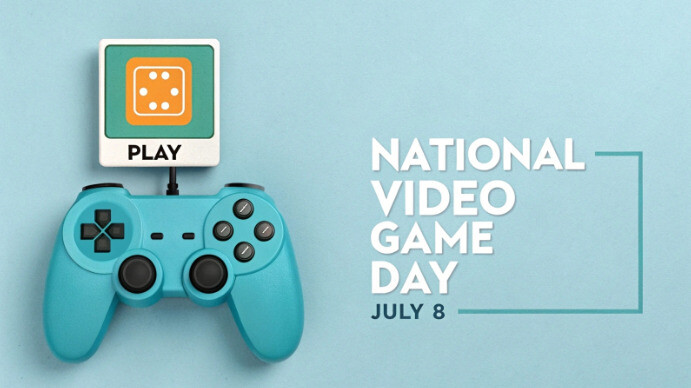 Celebrate national video game day July 8th with a teal game controller and play icon Voorlegging (16:9) template