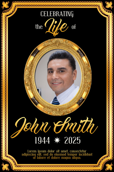 Celebration of life funeral black gold poster Template | PosterMyWall Celebration of life funeral black gold poster Template | PosterMyWall
