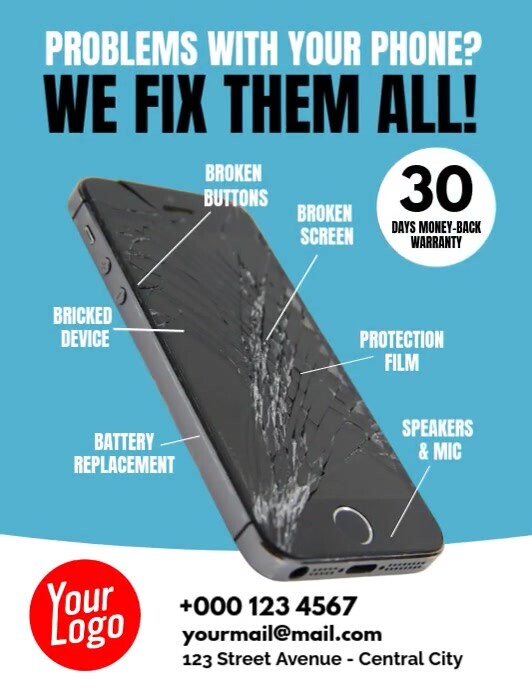 Cell Phone repair service flyer blue Volante (Carta US) template