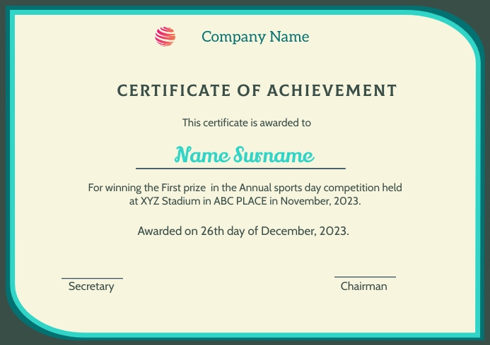 Certificate of achievement 2301a7 A4 template