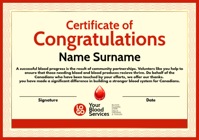 certificate-of-blood-donation-template-postermywall for Free Printable Donation Certificate Templates Certificate of Blood Donation Template | PosterMyWall for Free Printable Donation Certificate Templates