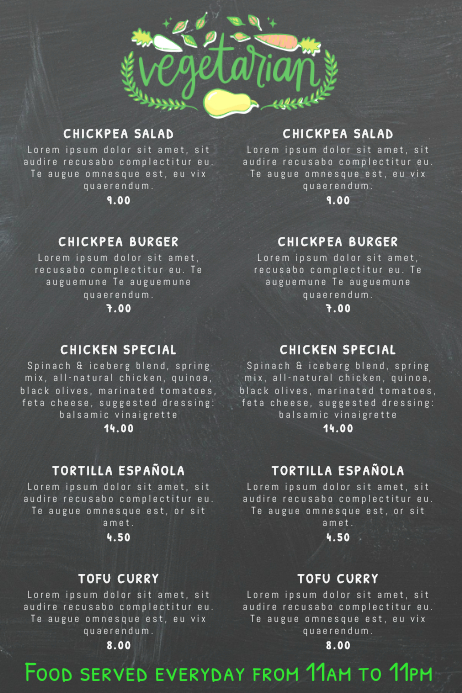 vegan vegetarian food restaurant flyer poster menu customizable
