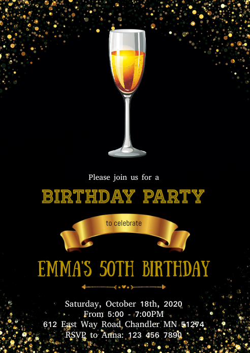 Champagne birthday invitation A6 template