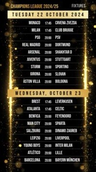 Черный Champions League Fixtures Soccer Football Schedule Gold Instagram-verhaal Template