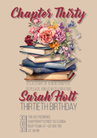 Chapter thirty flower book lover themed birthday invitation A5 template