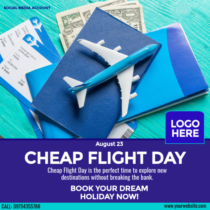 Flight Travel Posts Cheap Flight Day Template | PosterMyWall