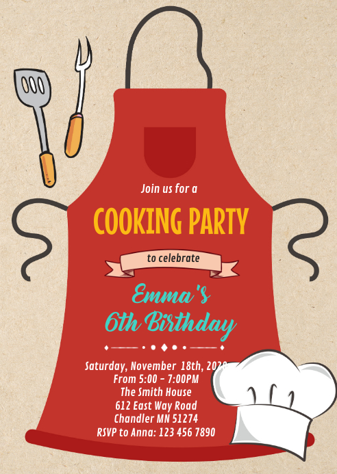 Chef cooking birthday card invitation A6 template