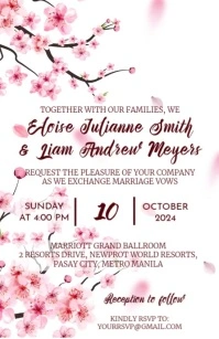 Cherry Blossoms Wedding Invitation Half Page Wide template