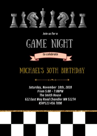 Chess game night birthday party invitation A6 template