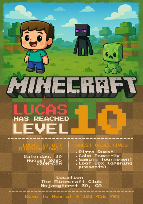 Minecraft Mobstemplate Chibi Minecraft Steve and Mobs Party Birthday Invitation Template ...