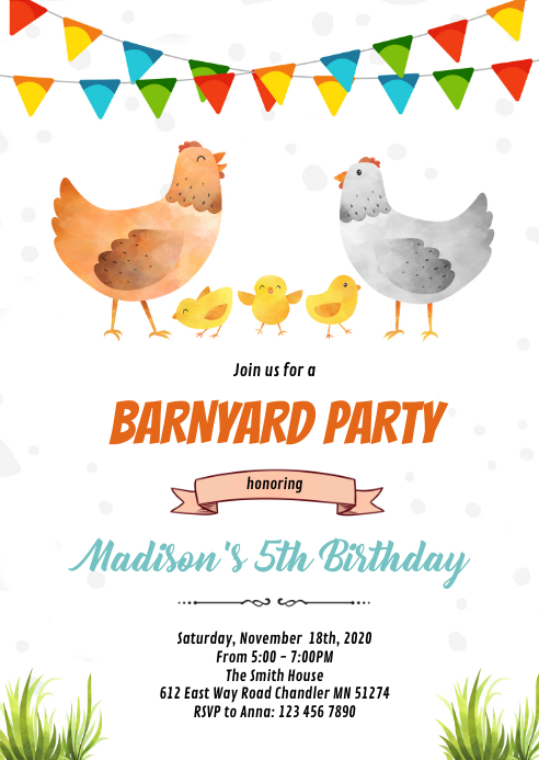 Chicken birthday party invitation A6 template