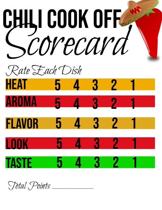 Chili cookoff scorecard Iflaya (Incwadi ye-US) template