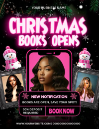Christmas Beauty Booking Flyer – Holiday Hair Appointment Template | Books Open Notice Volante (Carta US)