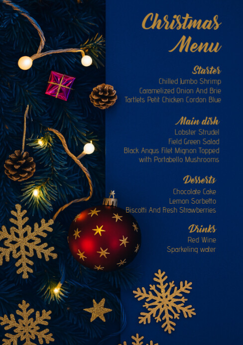 Christmas blue party menu with ornaments card A5 template