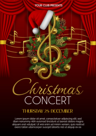christmas concert flyer with gold  treble clef with santa claus hat and pine branches A4 template
