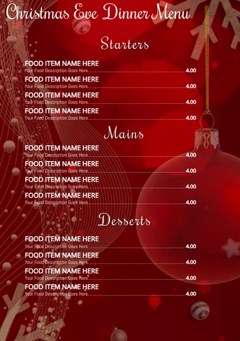 Christmas Dinner Menu Template A4