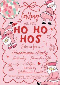 Christmas Funny Invitation, Ho Ho Hos Invitation, Friendsmas Party invitation A6 template