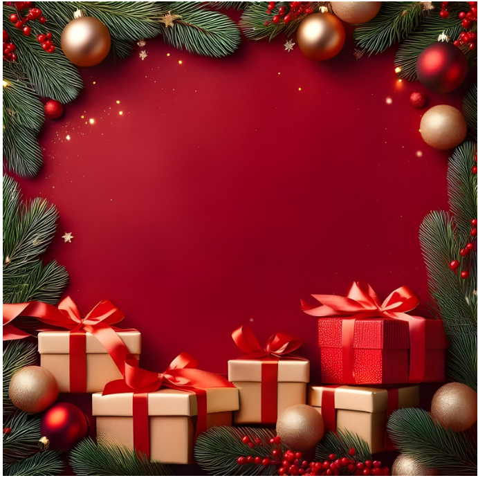 Plantilla de Christmas Gift Frame with Red Background and Pine Garland ...