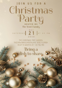 Christmas gold ornament greenery party invitation A5 template
