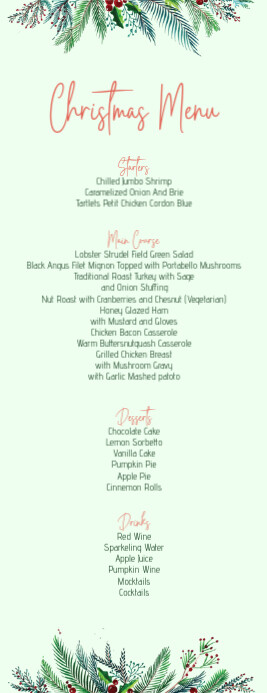 Christmas Greenery Menu card Isigamu Sekhasi Lencwadi template