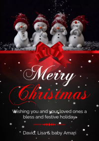 Cute Snowmen Merry Christmas Greeting Card A5 template