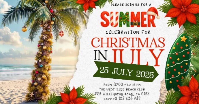 Christmas in July party event design template Facebook Gedeelde Prent