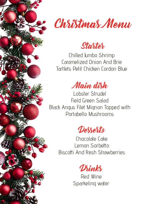 Festive Menu Names Copy of Christmas Party Menu Card | Festive Holiday Dinner Food ...