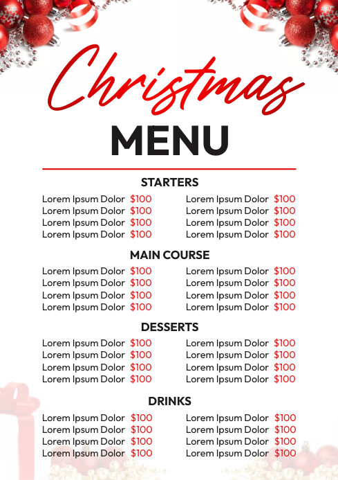 Christmas menu templates A4