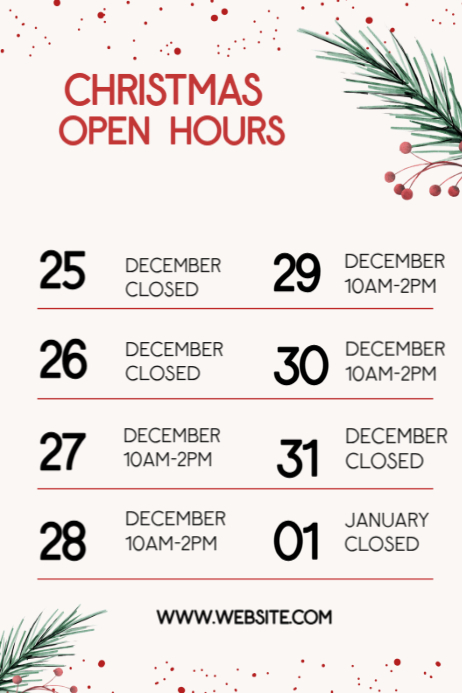 Holiday Hours Example Christmas Open Hours Posters Template | PosterMyWall