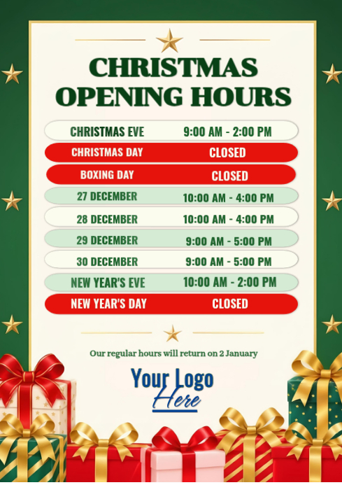 Plantilla de Christmas Opening Hours Sign – Holiday Business Hours ...