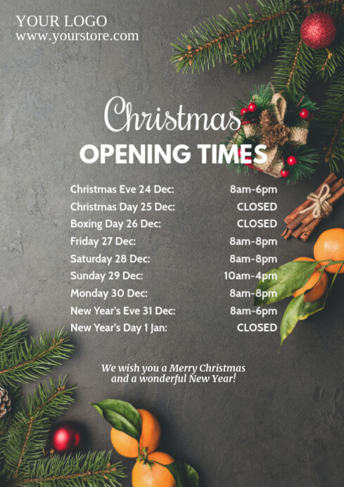 Print previous Christmas Opening Times hours dates table ad Template | PosterMyWall