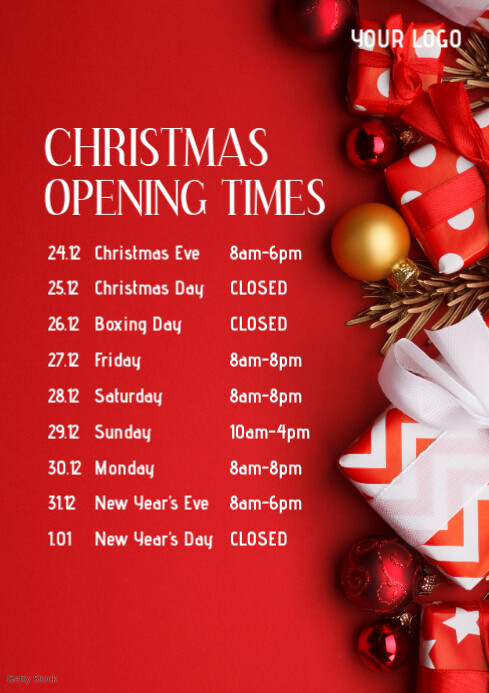 Christmas Opening Times Hours Flyer Poster Ad A4 template