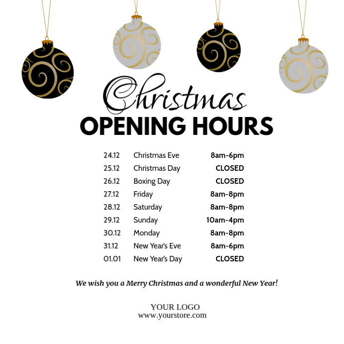 Christmas Opening Times Hours Square Balls Ad Template PosterMyWall