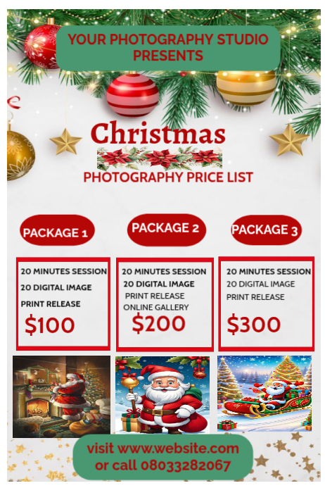 Christmas photography price list. Template | PosterMyWall