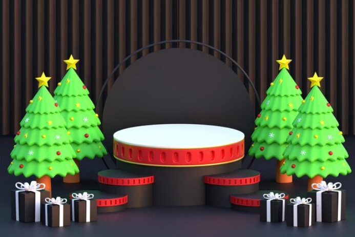 Plantilla de Christmas podium dark background with gift box and pine ...