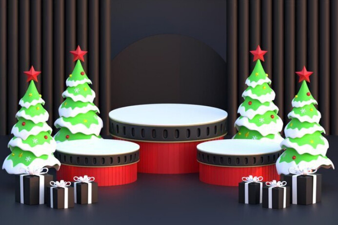 Christmas podium dark background with gift box and pine tree 3D ...