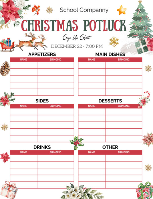 Christmas Potluck Sign Up Sheet,  Holiday Potluck Sign Up PDF Flyer (US Letter) template