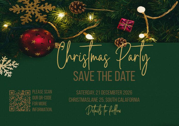 Christmas save the date party with QR code scan A5 template
