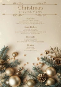 Christmas special menu card with gold ornaments A5 template
